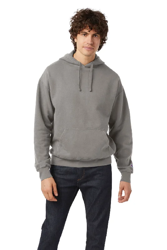 Men's versatile hoodie-Champion Mens Garment Dyed Shrink Resistant Hooded Sweatshirt Hoodie w/ Pouch Pocket - Concrete Grey - Closeout