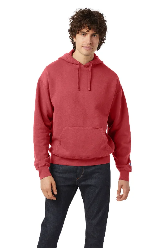 Men's ultra-light hoodie-Champion Mens Garment Dyed Shrink Resistant Hooded Sweatshirt Hoodie w/ Pouch Pocket - Crimson Red - Closeout