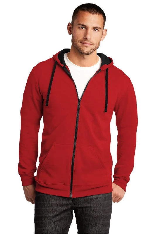 Men's versatile hoodie-District Mens The Concert Fleece Full Zip Hooded Sweatshirt Hoodie w/ Pockets - New Red