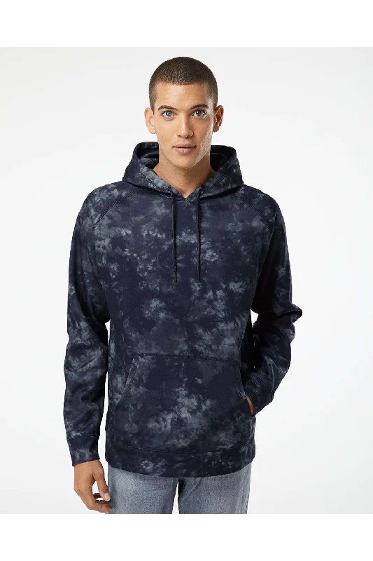 Men's fashion-forward hoodie-Burnside Mens Performance Raglan Hooded Sweatshirt Hoodie w/ Pouch Pocket - Navy Blue Tie Dye - Closeout