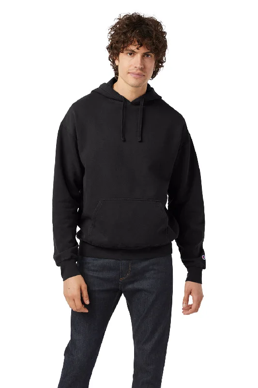 Men's wrinkle-free hoodie-Champion Mens Garment Dyed Shrink Resistant Hooded Sweatshirt Hoodie w/ Pouch Pocket - Black - Closeout