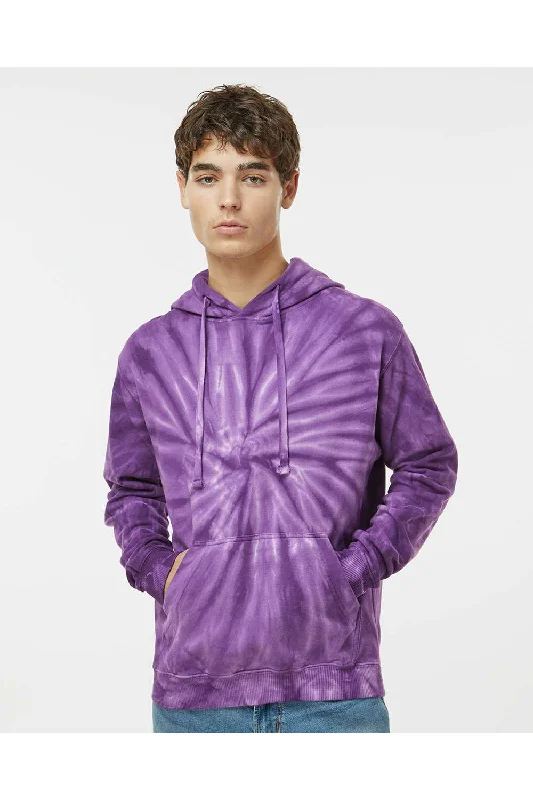 Men's sporty hoodie-Dyenomite Mens Cyclone Tie Dyed Hooded Sweatshirt Hoodie w/ Pouch Pocket - Purple