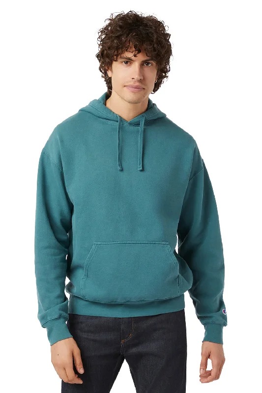 Men's weather-resistant hoodie-Champion Mens Garment Dyed Shrink Resistant Hooded Sweatshirt Hoodie w/ Pouch Pocket - Cactus Green - Closeout