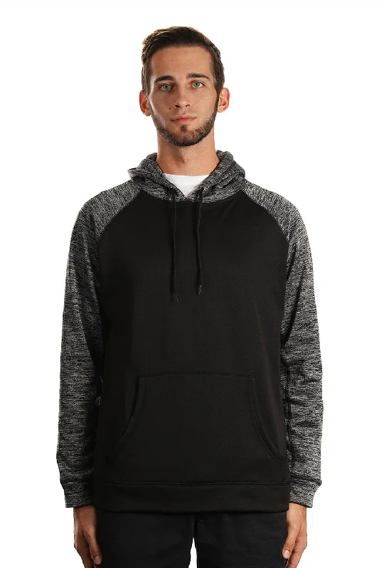 Men's high-performance hoodie-Burnside Mens Performance Raglan Hooded Sweatshirt Hoodie w/ Pouch Pocket - Black/Heather Charcoal Grey