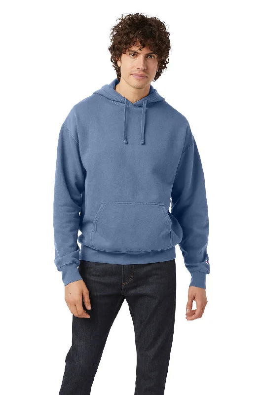 Men's summer hoodie-Champion Mens Garment Dyed Shrink Resistant Hooded Sweatshirt Hoodie w/ Pouch Pocket - Saltwater Blue - Closeout