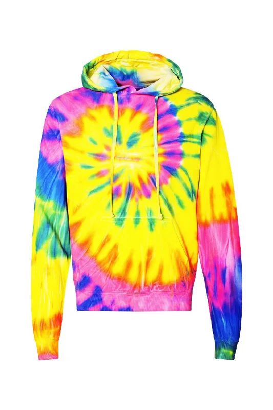 Men's pre-washed hoodie-Dyenomite Mens Spiral Tie Dyed Hooded Sweatshirt Hoodie w/ Pouch Pocket - Flo Rainbow Spiral - Closeout