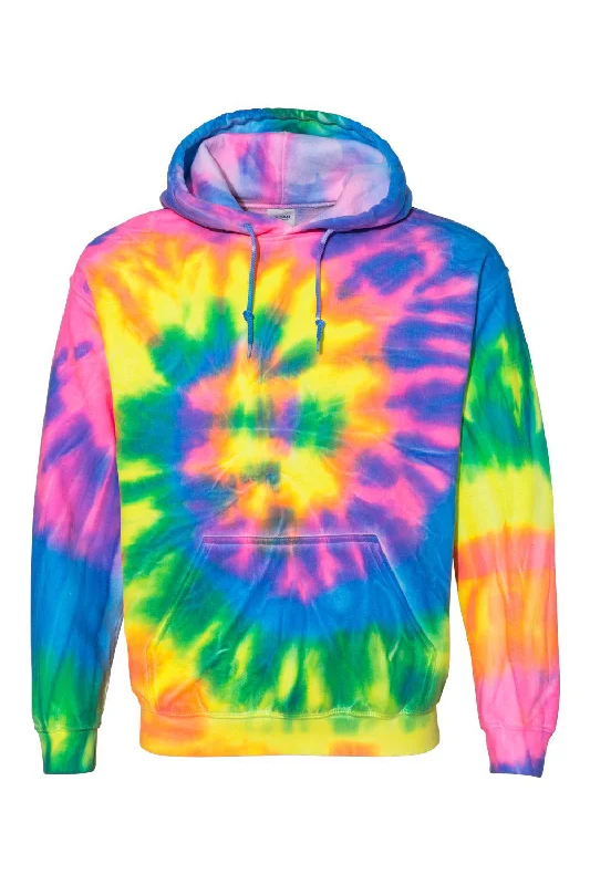 Men's wrinkle-resistant hoodie-Dyenomite Mens Blended Tie Dyed Hooded Sweatshirt Hoodie w/ Pouch Pocket - Flo Rainbow