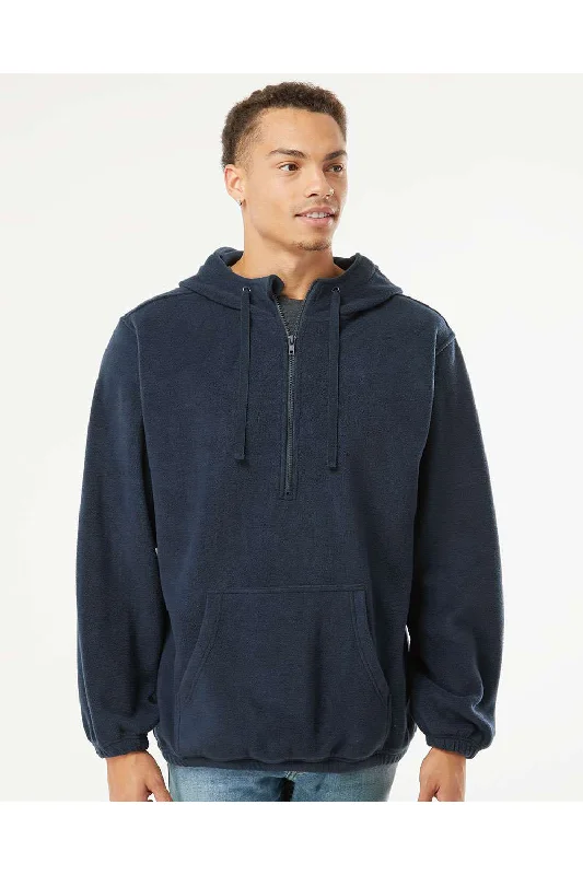 Men's pre-washed hoodie-Burnside Mens Polar Fleece 1/4 Zip Hooded Sweatshirt Hoodie w/ Pouch Pocket - Navy Blue - Closeout