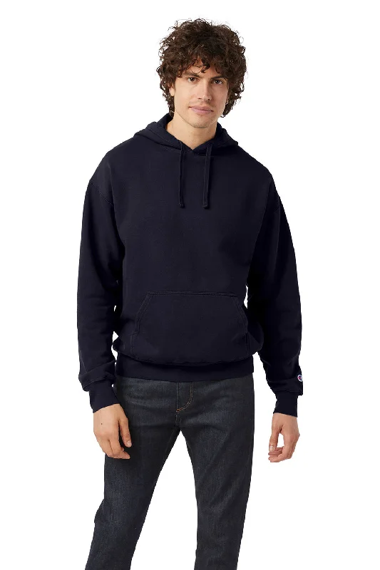 Men's sustainable hoodie-Champion Mens Garment Dyed Shrink Resistant Hooded Sweatshirt Hoodie w/ Pouch Pocket - Navy Blue - Closeout