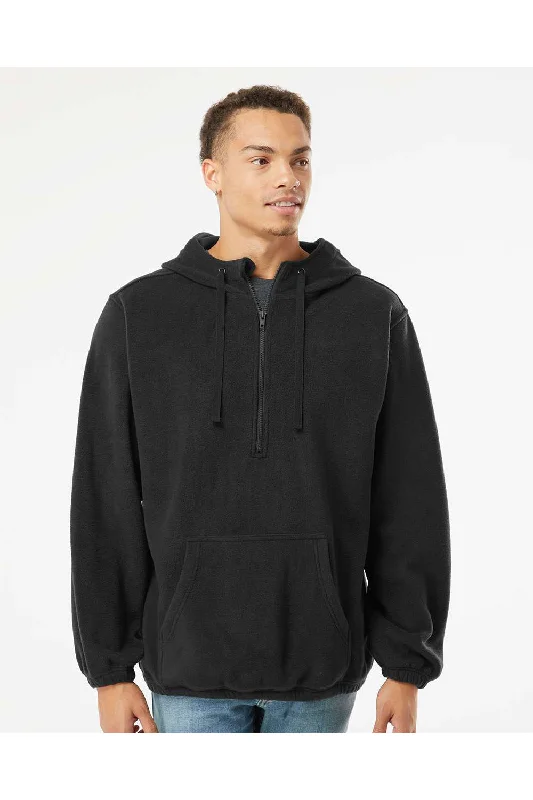 Men's relaxed fit hoodie-Burnside Mens Polar Fleece 1/4 Zip Hooded Sweatshirt Hoodie w/ Pouch Pocket - Black - Closeout