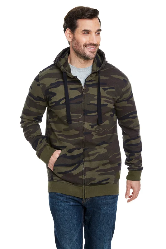 Men's organic hoodie-Burnside Mens Full Zip Hooded Sweatshirt Hoodie w/ Pockets - Green Camo - Closeout