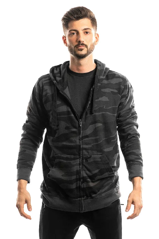 Men's performance hoodie-Burnside Mens Full Zip Hooded Sweatshirt Hoodie w/ Pockets - Black Camo - Closeout