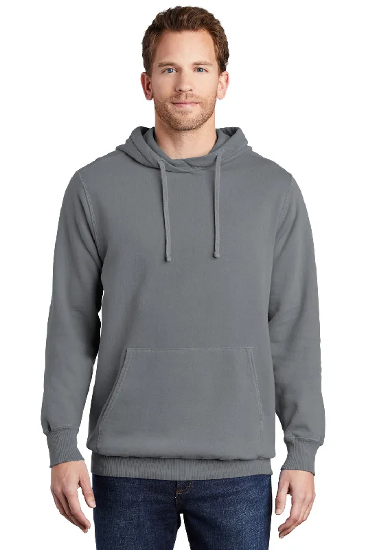 Men's summer hoodie-Port & Company Mens Beach Wash Fleece Hooded Sweatshirt Hoodie w/ Pouch Pocket - Pewter Grey