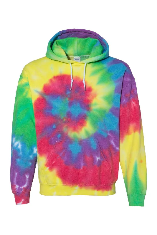 Men's active hoodie-Dyenomite Mens Blended Tie Dyed Hooded Sweatshirt Hoodie w/ Pouch Pocket - Classic Rainbow - Closeout