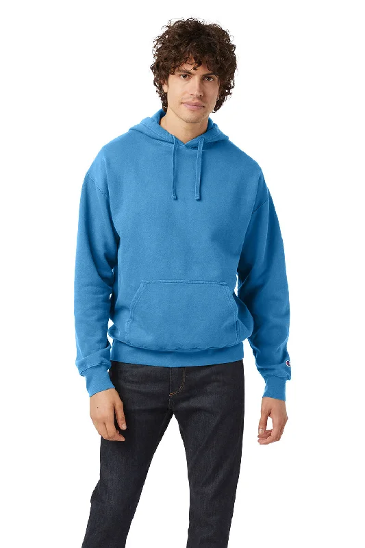 Men's tech-fabric hoodie-Champion Mens Garment Dyed Shrink Resistant Hooded Sweatshirt Hoodie w/ Pouch Pocket - Delicate Blue - Closeout