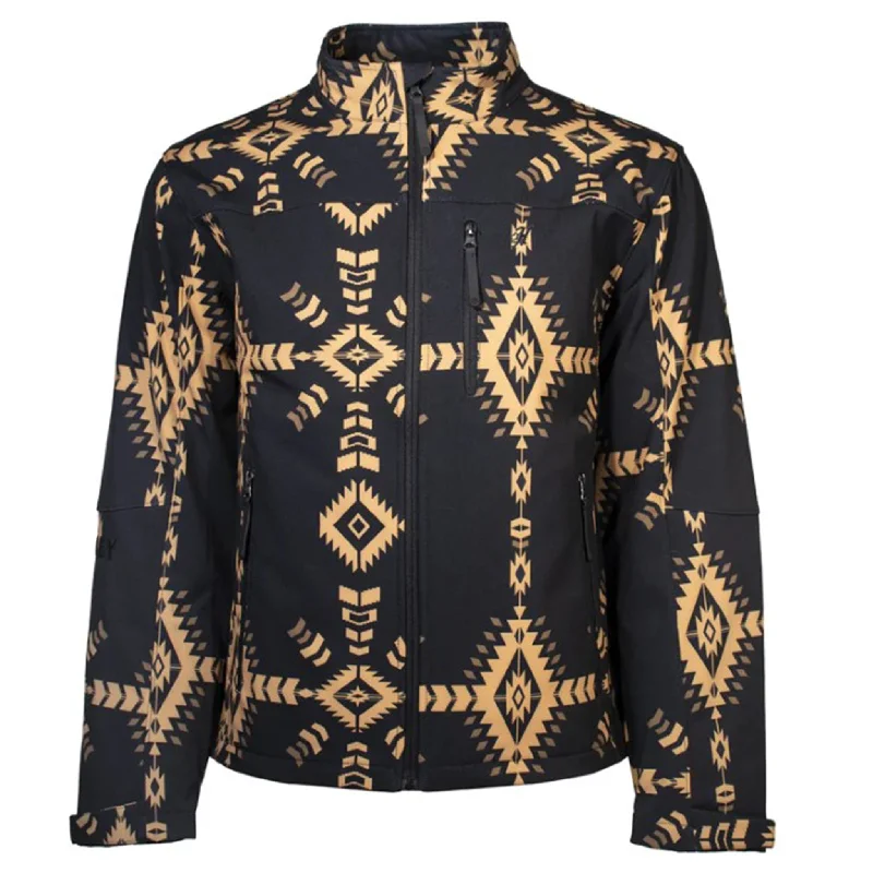 Men's tech-inspired utility jacket-Hooey Men's Black Tan Aztec SoftShell Jacket