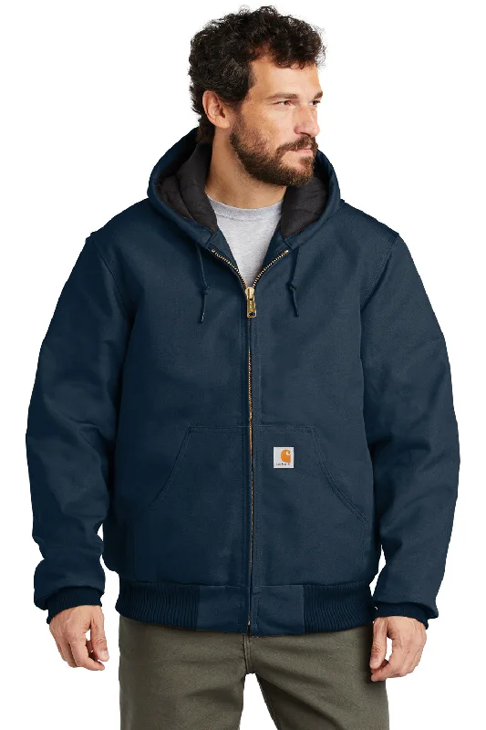 Men's fashionable fleece jacket-Carhartt Mens Wind & Water Resistant Duck Cloth Full Zip Hooded Work Jacket - Navy Blue