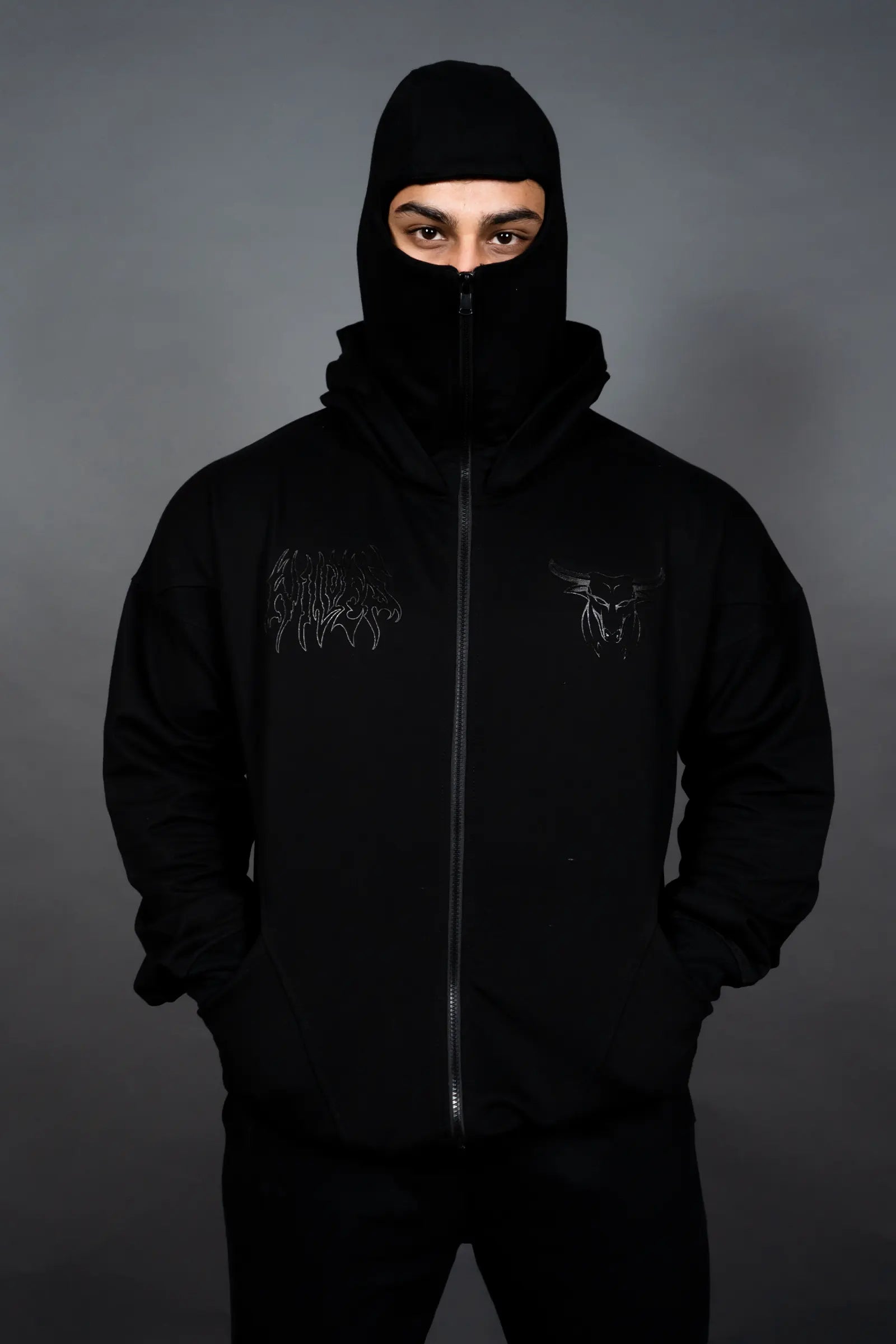 Men's sporty hoodie-GHOST WARRIOR ZIPPER HOODIE (BLACK)