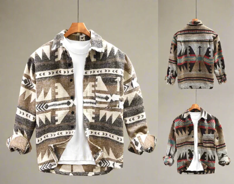 Men's sporty fleece jacket-Men's Vintage Loose Fit Ethnic Aztec Geometric Print Shirt Top Pocket Woolen Shacket Plus Size Jacket | SYG-2580