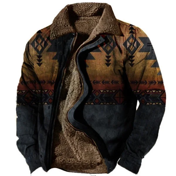 Men's tech-inspired raincoat-Men's Plus Size Fleece Sherpa Vintage Jacket Aztec Style Zip & Button Up Thick Winter Tactical Lapel Collar Cargo Coat