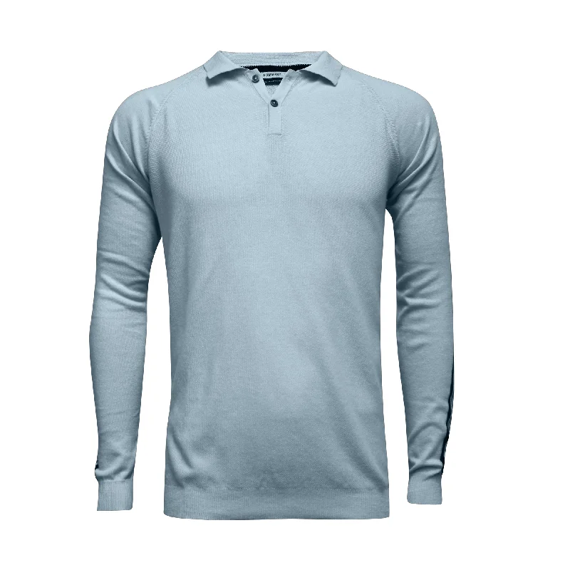 Men's eco-conscious office polo shirt-Long Sleeve Polo Shirt with sleeve striping Monaco Light Blue