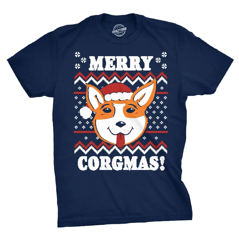 Men's polyester t-shirt-Merry Corgmas Ugly Christmas Sweater Men's T Shirt