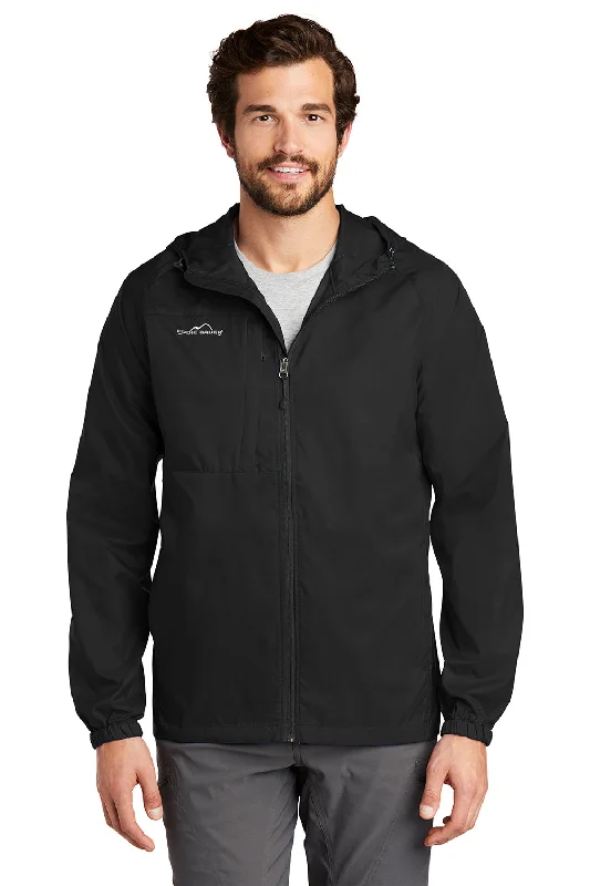 Men's summer fleece jacket-Eddie Bauer Mens Packable Wind Resistant Full Zip Hooded Jacket - Black