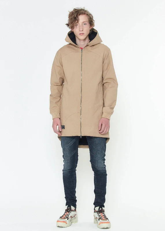 Men's weatherproof utility jacket-Konus Men's Hooded Canvas Zip up Jacket in Camel