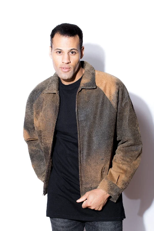 Men's eco-friendly utility coat-Men's Brown Distressed Shaved Lambskin Bomber