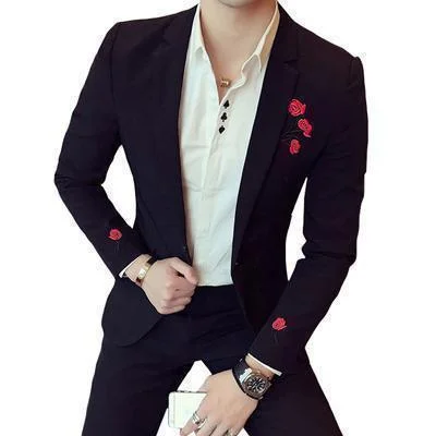 Men's eco-conscious field coat-Men's Blazer Floral Embroidered Men's Blazer Black