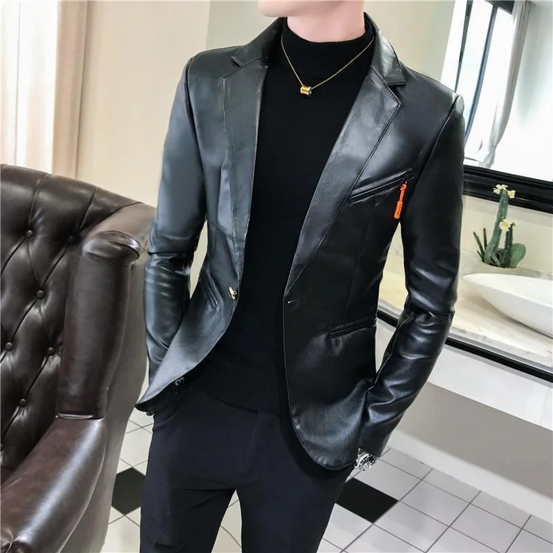 Men's modern field jacket-Men's Blazer Faux Leather Blazer Slim Fit