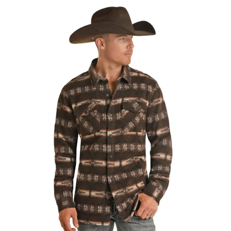 Men's performance field coat-Rock & Roll Men's Brown Jacquard Aztec Shacket