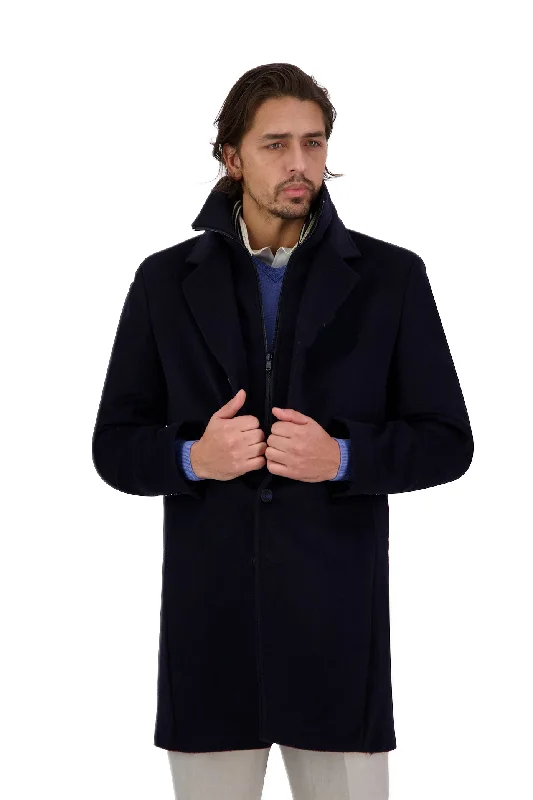 Men's ultra-lightweight travel jacket-Savile Row Navy Jared Removable Collar Coat OC9