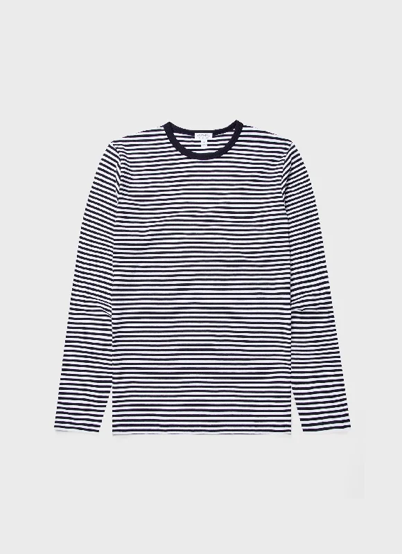 Men's polyester t-shirt-Men's Classic Long Sleeve T-shirt in Navy/White English Stripe