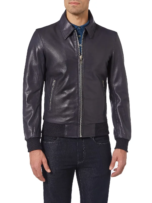 Men's sustainable bomber coat-Remus - Navy Leather Jacket