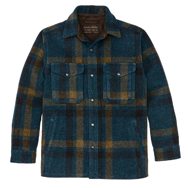 Men's weather-resistant trench coat-Filson Lined Mackinaw Jac-Shirt Teal / Ochre Plaid