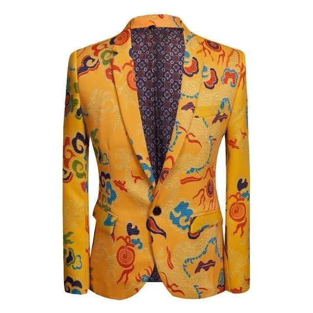 Men's performance softshell jacket-Men's Blazer Printed Casual Party Blazer Slim Fit Yellow