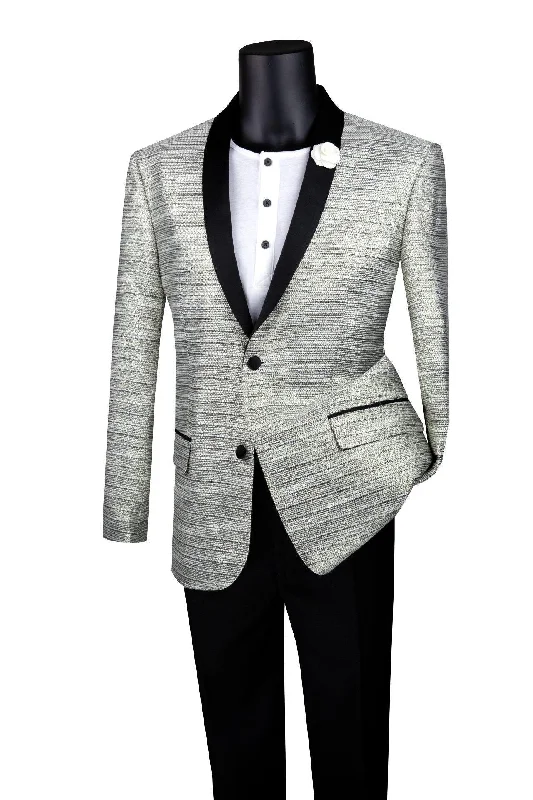 Men's summer bomber jacket-Silver Metallic Stripe Slim Fit Jacket with Black Shawl Lapel