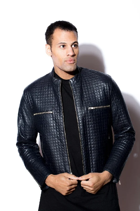 Men's fashion-forward utility coat-Men's West Coast Leather Quilted Navy Leather Jacket