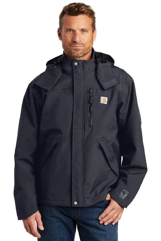 Men's summer bomber jacket-Carhartt Mens Shoreline Waterproof Full Zip Hooded Jacket - Navy Blue - Closeout