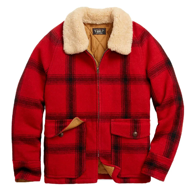 Men's wrinkle-resistant bomber jacket-RRL by Ralph Lauren Shearling-Collar Plaid Wool Jacket Red / Black Multi