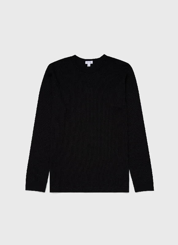 Men's plain t-shirt-Men's Long Sleeve Waffle T-shirt in Black