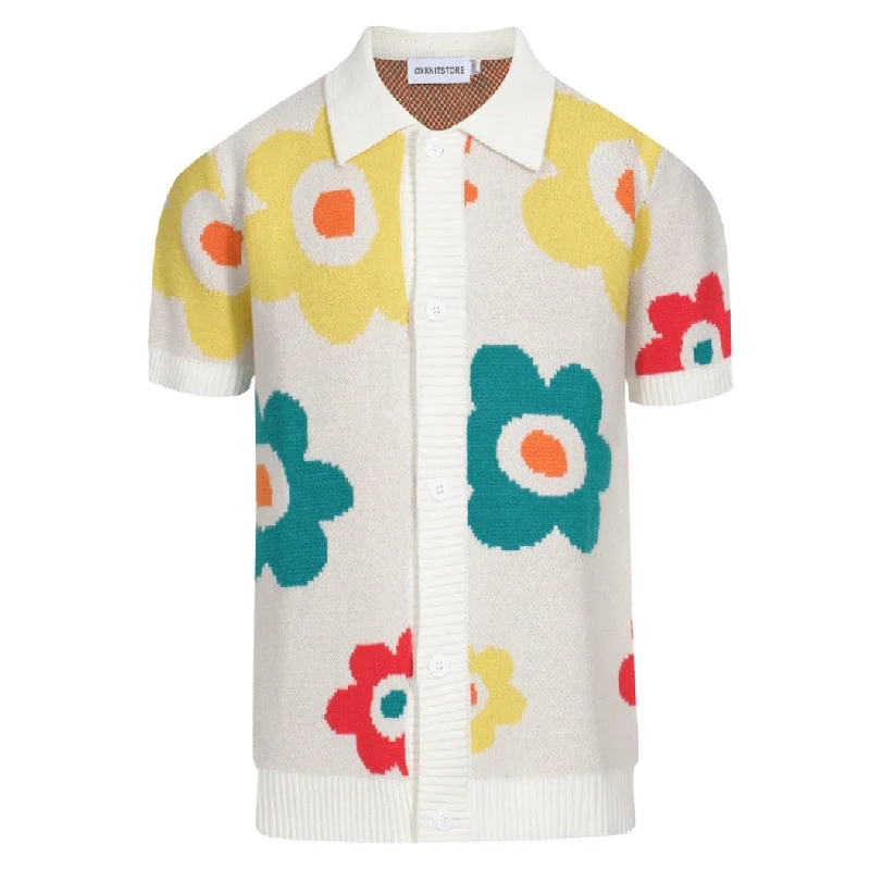 Men's ultra-light office polo shirt-Men's short-sleeved cardigan knit polo with flowers