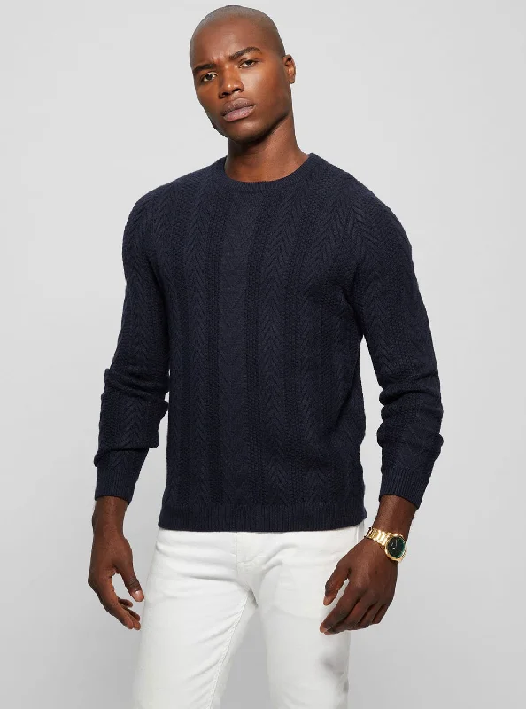 Men's reversible sweatshirt-Navy Blue Cable Ethan Knit Jumper