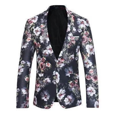 Men's gym-ready trench coat-Men's Blazer Floral One Button Blazer Black