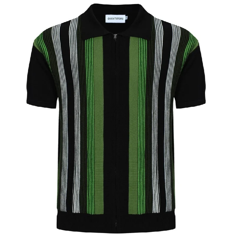 Men's antibacterial gym wear polo shirt-Men's Dark Green Zip Knit Polo With Green & Black Stripe Jacquard Panel