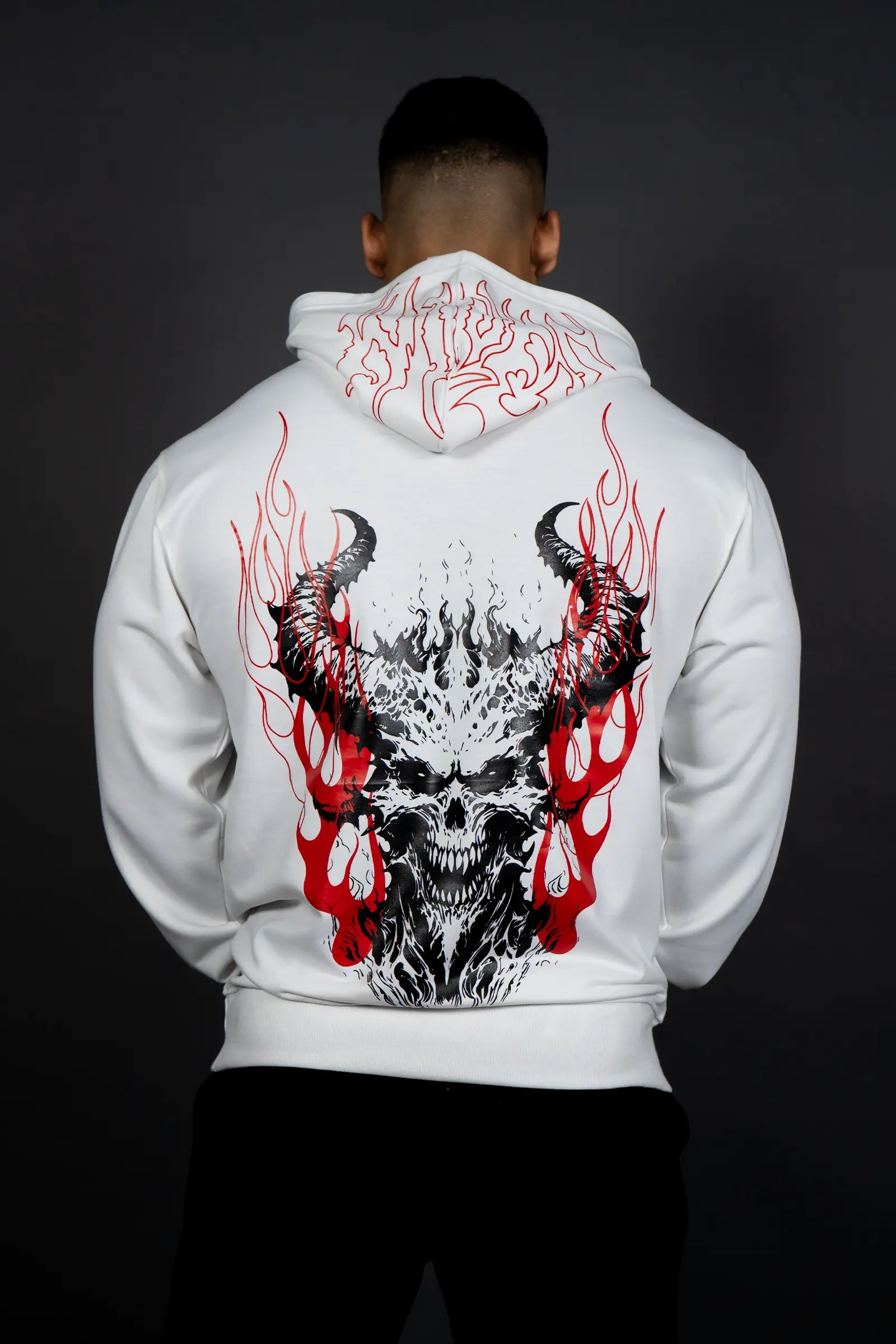 Men's wrinkle-resistant hoodie-HELL FIRE SKULL HOODIE (OFF WHITE)