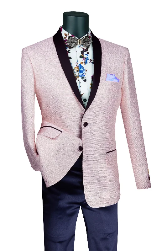 Men's sustainable fleece coat-Pink Metallic Stripe Slim Fit Jacket with Black Shawl Lapel