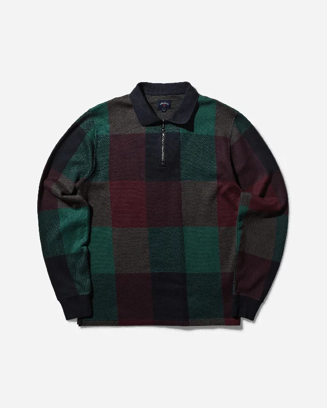 Men's cotton t-shirt-Men's Buffalo Plaid Zip Polo Navy / Burgundy / Green