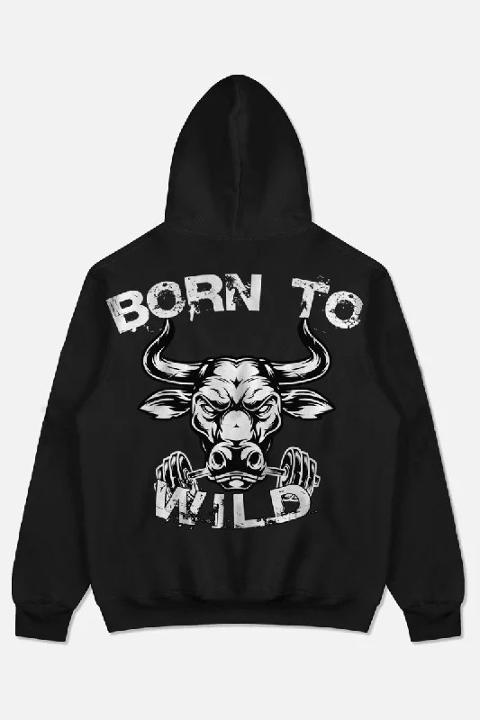 Men's summer hoodie-Born To Wild Bull Oversized Hoodie (BLACK)